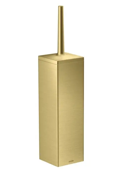 Toilettenbürstenhalter in gebürstetem Messing, rechteckige Form mit hohem, schmalem Griff. Markierung "AXOR" am unteren Rand. Wall-mounted Design.